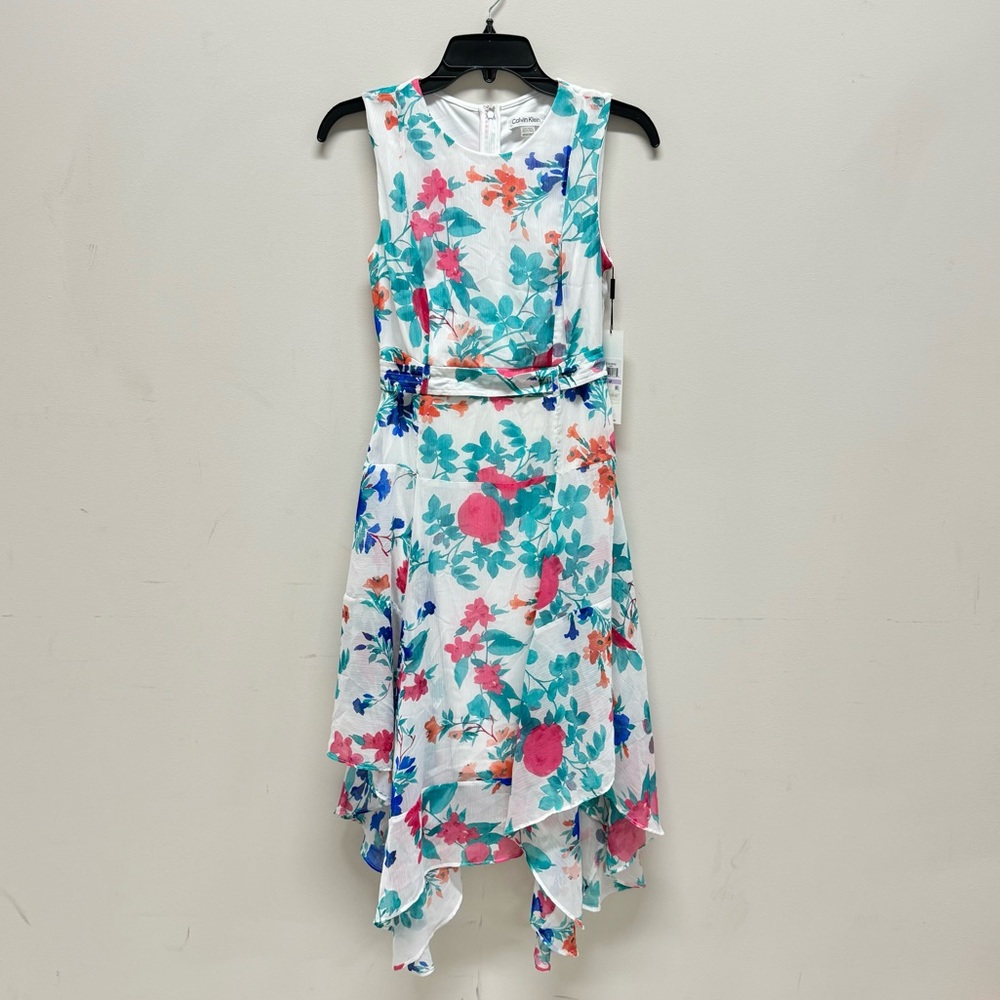 Calvin Klein White Floral Handkerchief Hem Dress